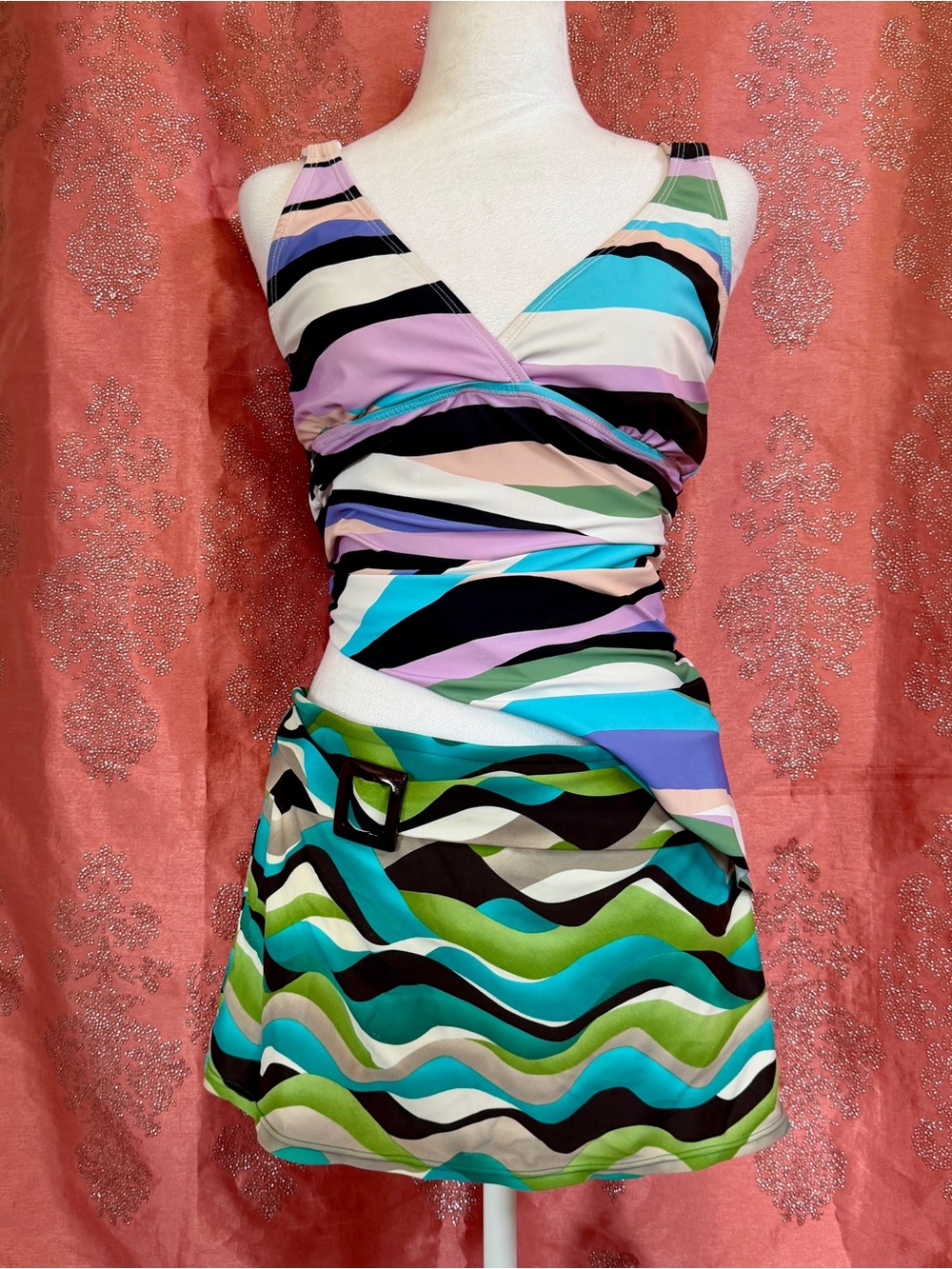 VTG Sunsets Y2K Wavy Multi-Color Mini Swim Skirt - Green & Teal - Size Large